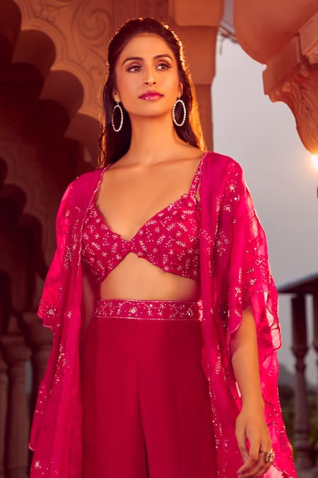 Buy Aariyana Couture Pink Viscose, Silk Organza Embroidery, Beads Floral Hand Cape And Sharara Set Buy_Aariyana Couture_Pink Viscose, Silk Organza Embroidery, Beads Floral Hand Cape And Sharara Set