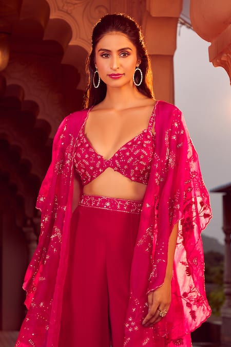 Shop Aariyana Couture Pink Viscose, Silk Organza Embroidery, Beads Floral Hand Cape And Sharara Set Shop_Aariyana Couture_Pink Viscose, Silk Organza Embroidery, Beads Floral Hand Cape And Sharara Set