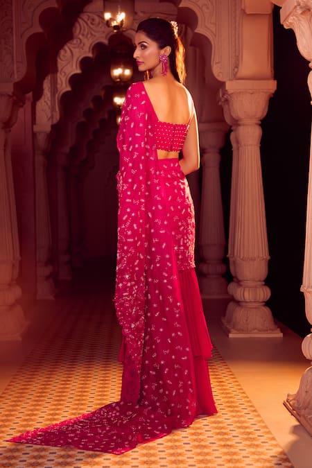 Aariyana Couture_Pink Silk Organza, Viscose Beads, Pre-draped Hand Lehenga Saree With Bustier _Online_at_Aza_Fashions
