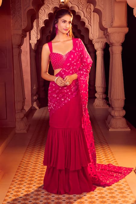 Buy_Aariyana Couture_Pink Silk Organza, Viscose Beads, Pre-draped Hand Lehenga Saree With Bustier _Online_at_Aza_Fashions