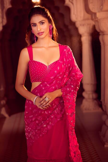 Buy_Aariyana Couture_Pink Silk Organza, Viscose Beads, Pre-draped Hand Lehenga Saree With Bustier 