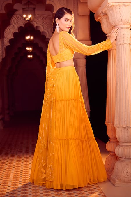 Aariyana Couture_Yellow Viscose, Net Beads, Embroidery Pleated Lehenga Set With Half Jacket _Online_at_Aza_Fashions