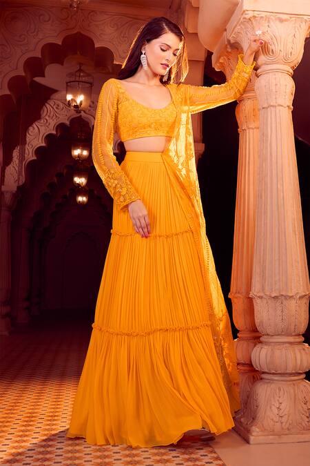Buy_Aariyana Couture_Yellow Viscose, Net Beads, Embroidery Pleated Lehenga Set With Half Jacket _Online_at_Aza_Fashions