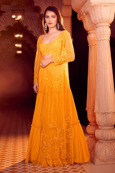 Shop_Aariyana Couture_Yellow Viscose, Net Beads, Embroidery Pleated Lehenga Set With Half Jacket _Online_at_Aza_Fashions