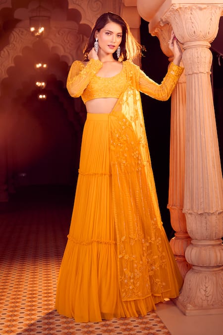 Aariyana Couture_Yellow Viscose, Net Beads, Embroidery Pleated Lehenga Set With Half Jacket _at_Aza_Fashions