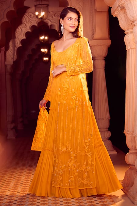 Buy_Aariyana Couture_Yellow Viscose, Net Beads, Embroidery Pleated Lehenga Set With Half Jacket 