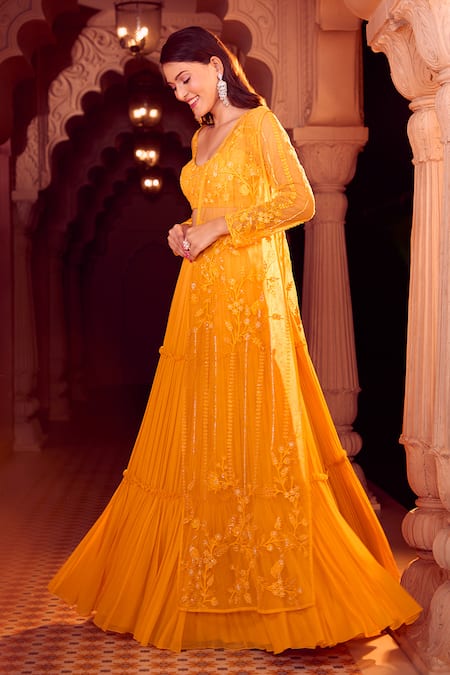 Shop_Aariyana Couture_Yellow Viscose, Net Beads, Embroidery Pleated Lehenga Set With Half Jacket 