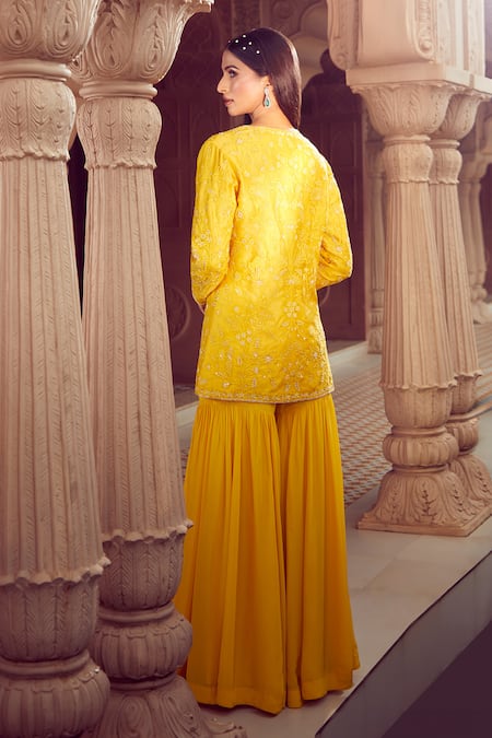Aariyana Couture Yellow Silk Organza, Viscose Sequins, Hand Embroidered Jacket And Sharara Set Online at Aza Fashions Aariyana Couture_Yellow Silk Organza, Viscose Sequins, Hand Embroidered Jacket And Sharara Set _Online_at_Aza_Fashions