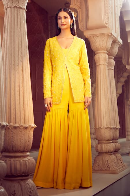 Buy Aariyana Couture Yellow Silk Organza, Viscose Sequins, Hand Embroidered Jacket And Sharara Set Online at Aza Fashions Buy_Aariyana Couture_Yellow Silk Organza, Viscose Sequins, Hand Embroidered Jacket And Sharara Set _Online_at_Aza_Fashions