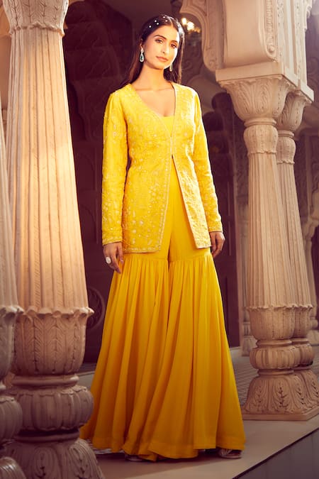 Shop Aariyana Couture Yellow Silk Organza, Viscose Sequins, Hand Embroidered Jacket And Sharara Set Online at Aza Fashions Shop_Aariyana Couture_Yellow Silk Organza, Viscose Sequins, Hand Embroidered Jacket And Sharara Set _Online_at_Aza_Fashions