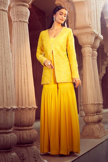 Aariyana Couture Yellow Silk Organza, Viscose Sequins, Hand Embroidered Jacket And Sharara Set at Aza Fashions Aariyana Couture_Yellow Silk Organza, Viscose Sequins, Hand Embroidered Jacket And Sharara Set _at_Aza_Fashions