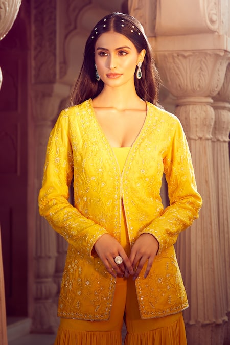 Buy Aariyana Couture Yellow Silk Organza, Viscose Sequins, Hand Embroidered Jacket And Sharara Set Buy_Aariyana Couture_Yellow Silk Organza, Viscose Sequins, Hand Embroidered Jacket And Sharara Set