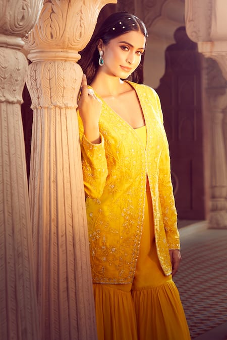 Shop Aariyana Couture Yellow Silk Organza, Viscose Sequins, Hand Embroidered Jacket And Sharara Set Shop_Aariyana Couture_Yellow Silk Organza, Viscose Sequins, Hand Embroidered Jacket And Sharara Set