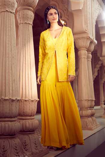 Shop Aariyana Couture Yellow Silk Organza, Viscose Sequins, Hand Embroidered Jacket And Sharara Set Shop_Aariyana Couture_Yellow Silk Organza, Viscose Sequins, Hand Embroidered Jacket And Sharara Set