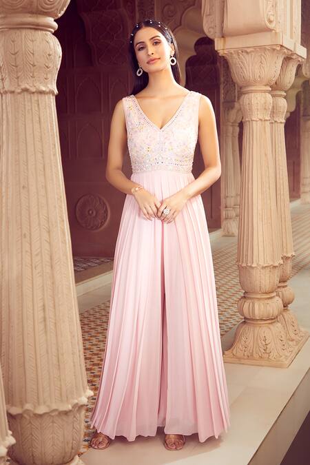 Aariyana Couture_Pink Taffeta, Viscose, Georgette Sequins, Beads Hand Embroidered Bodice Jumpsuit_Online_at_Aza_Fashions