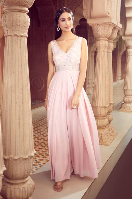 Buy_Aariyana Couture_Pink Taffeta, Viscose, Georgette Sequins, Beads Hand Embroidered Bodice Jumpsuit_Online_at_Aza_Fashions