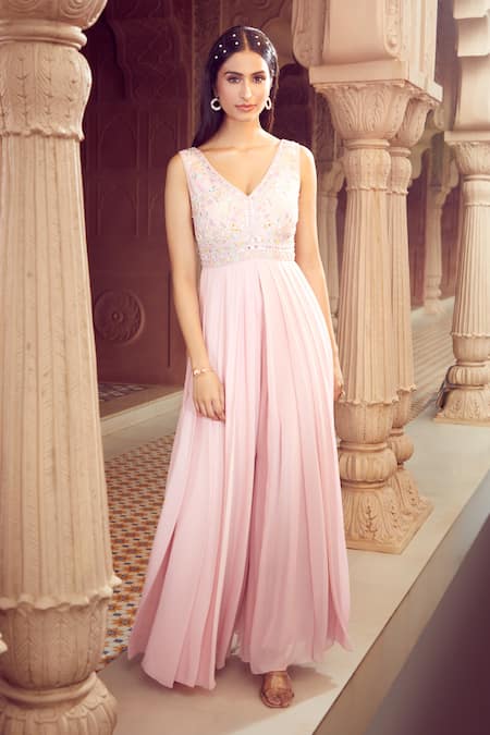 Shop_Aariyana Couture_Pink Taffeta, Viscose, Georgette Sequins, Beads Hand Embroidered Bodice Jumpsuit_Online_at_Aza_Fashions