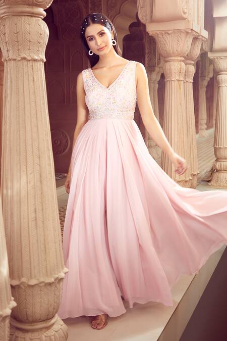 Aariyana Couture_Pink Taffeta, Viscose, Georgette Sequins, Beads Hand Embroidered Bodice Jumpsuit_at_Aza_Fashions