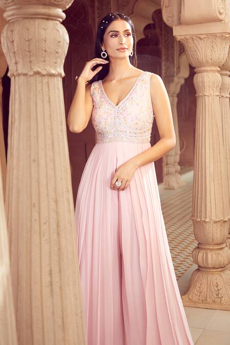 Buy_Aariyana Couture_Pink Taffeta, Viscose, Georgette Sequins, Beads Hand Embroidered Bodice Jumpsuit
