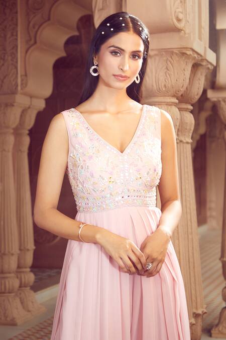 Shop_Aariyana Couture_Pink Taffeta, Viscose, Georgette Sequins, Beads Hand Embroidered Bodice Jumpsuit