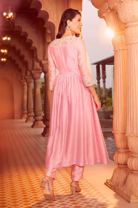 Shop Aariyana Couture Peach Silk, Chanderi, Viscose, Organza Floral Hand Anarkali Pant Set at Aza Fashions Shop_Aariyana Couture_Peach Silk, Chanderi, Viscose, Organza Floral Hand Anarkali Pant Set_at_Aza_Fashions