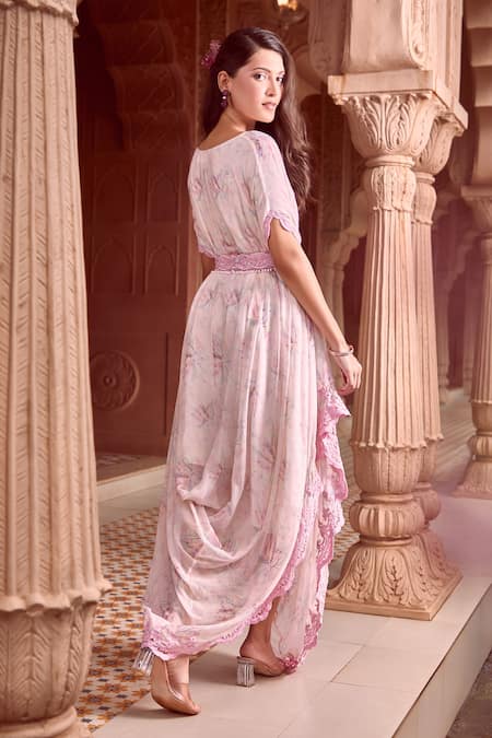 Shop_Aariyana Couture_Off White Chiffon Embroidery, Stones Boat Floral Feather Print Dress With Belt _at_Aza_Fashions