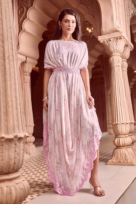 Aariyana Couture_Off White Chiffon Embroidery, Stones Boat Floral Feather Print Dress With Belt _Online_at_Aza_Fashions