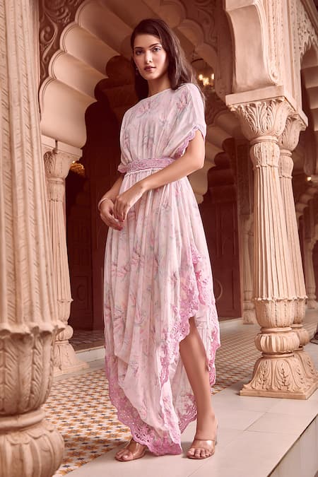 Buy_Aariyana Couture_Off White Chiffon Embroidery, Stones Boat Floral Feather Print Dress With Belt _Online_at_Aza_Fashions