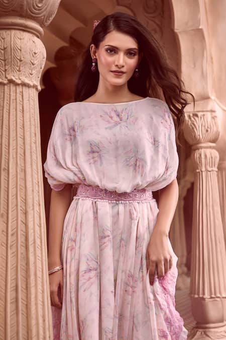 Buy_Aariyana Couture_Off White Chiffon Embroidery, Stones Boat Floral Feather Print Dress With Belt 