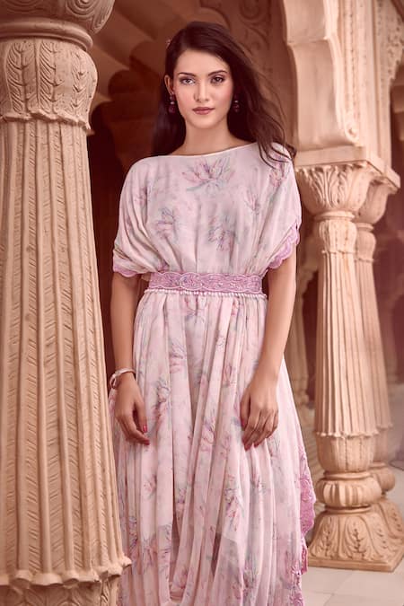 Shop_Aariyana Couture_Off White Chiffon Embroidery, Stones Boat Floral Feather Print Dress With Belt 