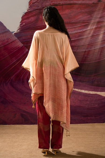 Shop_Banana Labs_Peach Cotton Tassels V-neck Handblock Print Kaftan Pant Set _at_Aza_Fashions
