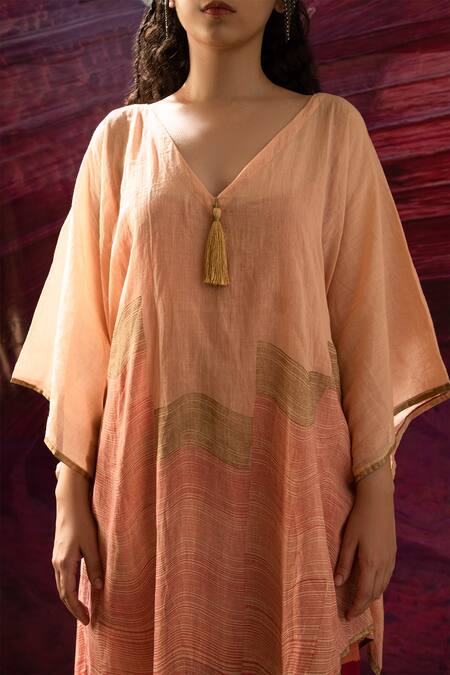 Buy_Banana Labs_Peach Cotton Tassels V-neck Handblock Print Kaftan Pant Set _Online_at_Aza_Fashions