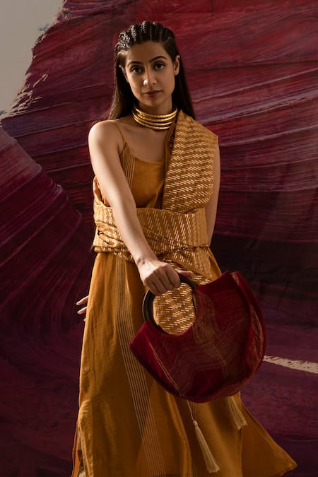 Shop_Banana Labs_Yellow Cotton Handblock Printed Line U-neck Placement Kurta And Dhoti Pant Set _at_Aza_Fashions