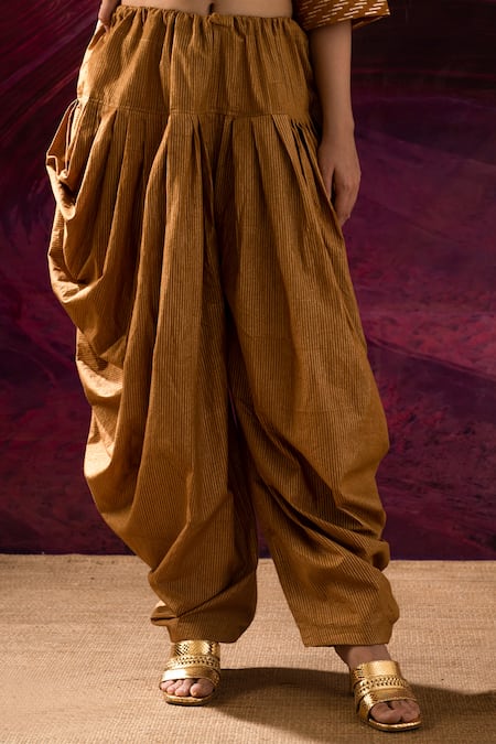 Shop_Banana Labs_Yellow Cotton Handblock Printed Line U-neck Placement Kurta And Dhoti Pant Set _Online_at_Aza_Fashions