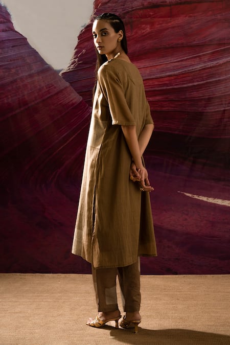 Shop_Banana Labs_Brown Cotton Embroidery Round Neck Weave Handblock Print Kurta And Pant Set _at_Aza_Fashions