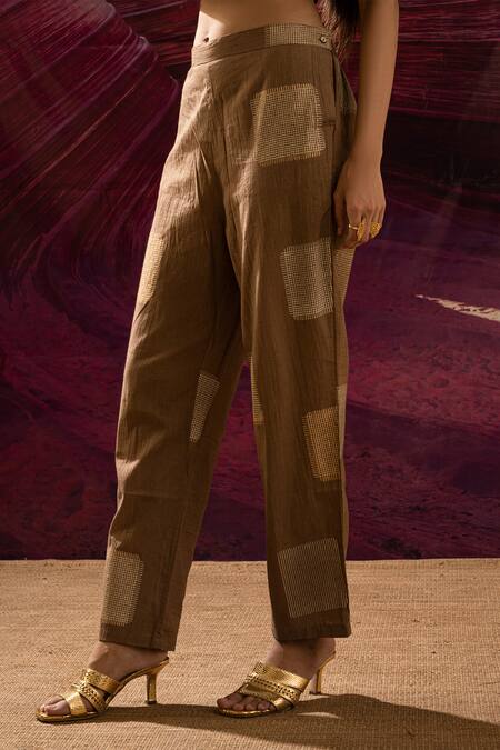 Banana Labs_Brown Cotton Embroidery Round Neck Weave Handblock Print Kurta And Pant Set _Online_at_Aza_Fashions