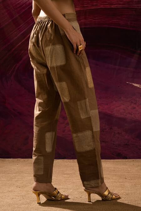 Buy_Banana Labs_Brown Cotton Embroidery Round Neck Weave Handblock Print Kurta And Pant Set _Online_at_Aza_Fashions