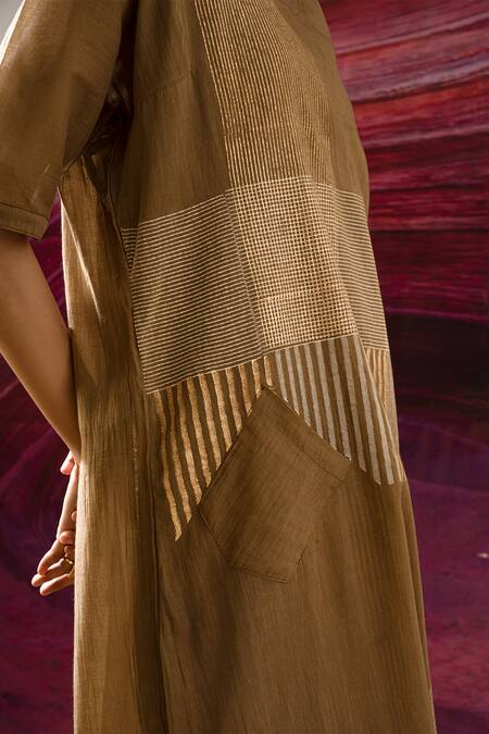 Shop_Banana Labs_Brown Cotton Embroidery Round Neck Weave Handblock Print Kurta And Pant Set _Online_at_Aza_Fashions