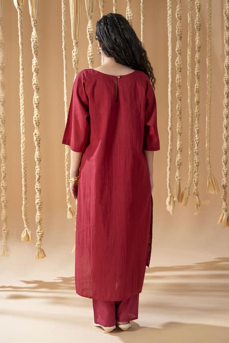 Shop_Banana Labs_Maroon Cotton Applique, Embroidery Scoop Neck Patterned Kurta Pant Set _at_Aza_Fashions