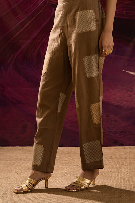 Banana Labs_Brown Cotton Zari Scoop Neck Line Weave Handblock Printed Kurta Pant Set _at_Aza_Fashions