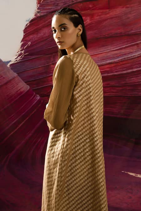 Shop_Banana Labs_Brown Cotton Zari Round Neck Line Handblock Print Kurta Cape _at_Aza_Fashions