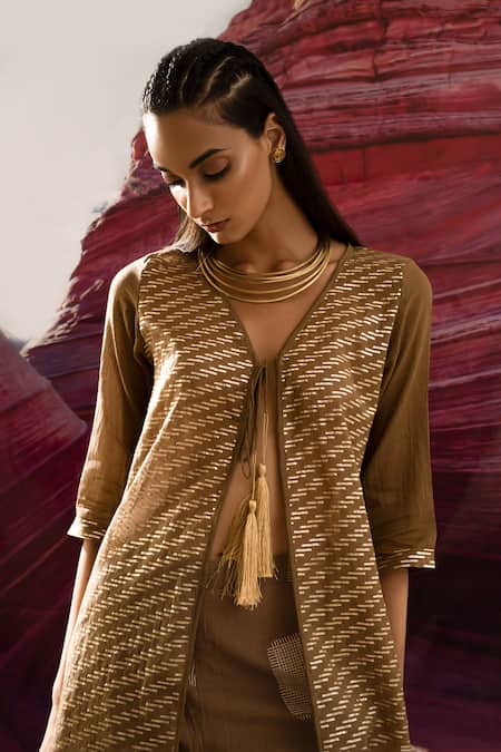 Banana Labs_Brown Cotton Zari Round Neck Line Handblock Print Kurta Cape _Online_at_Aza_Fashions