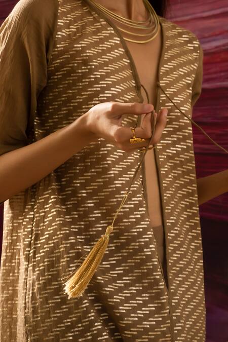 Buy_Banana Labs_Brown Cotton Zari Round Neck Line Handblock Print Kurta Cape _Online_at_Aza_Fashions