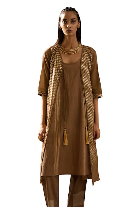 Buy_Banana Labs_Brown Cotton Zari Round Neck Line Handblock Print Kurta Cape 