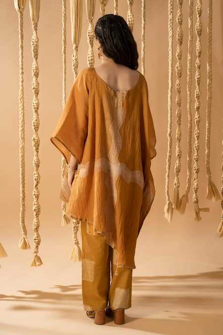 Shop_Banana Labs_Yellow Cotton Tassels V-neck Wavy Handblock Printed Kaftan Pant Set _at_Aza_Fashions