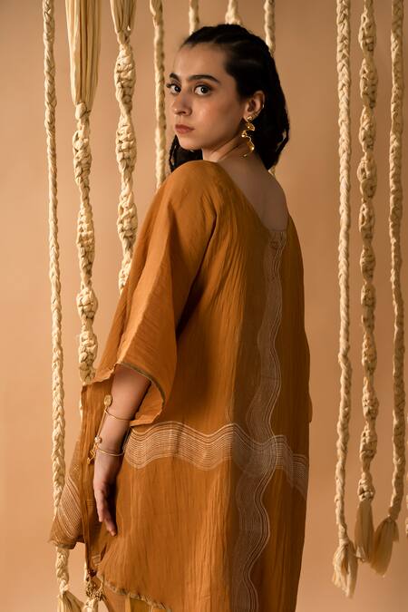 Banana Labs_Yellow Cotton Tassels V-neck Wavy Handblock Printed Kaftan Pant Set _Online_at_Aza_Fashions