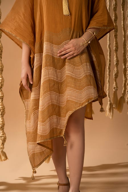 Buy_Banana Labs_Yellow Cotton Tassels V-neck Wavy Handblock Printed Kaftan Pant Set _Online_at_Aza_Fashions