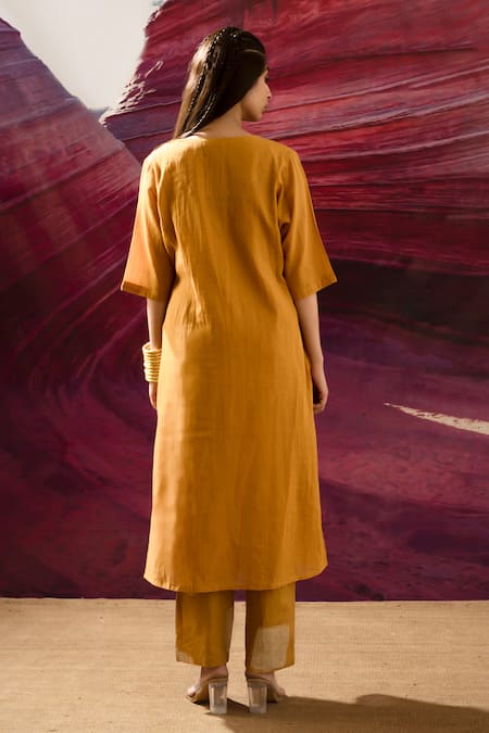 Shop_Banana Labs_Yellow Cotton Handblock Printed Line U-neck Kurta Pant Set _at_Aza_Fashions