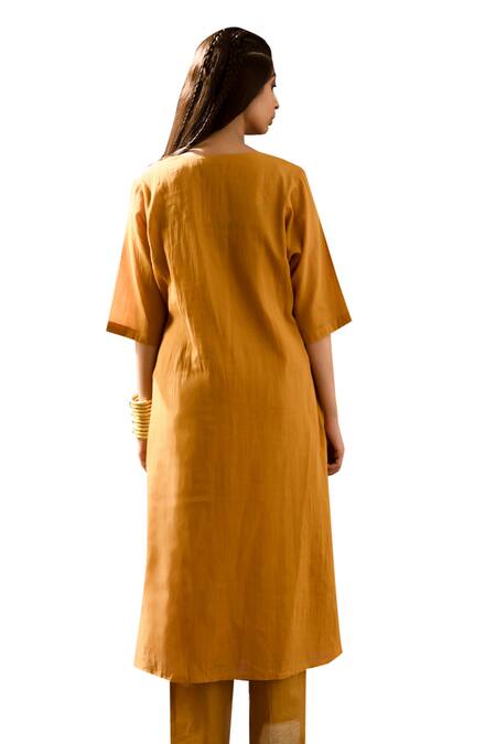 Shop_Banana Labs_Yellow Cotton Handblock Printed Line U-neck Kurta Pant Set _Online_at_Aza_Fashions