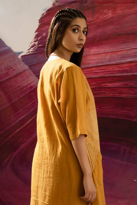 Shop_Banana Labs_Yellow Cotton Zari, Embroidery, Tassels Line Handblock Print Kurta Dupatta Set _Online_at_Aza_Fashions